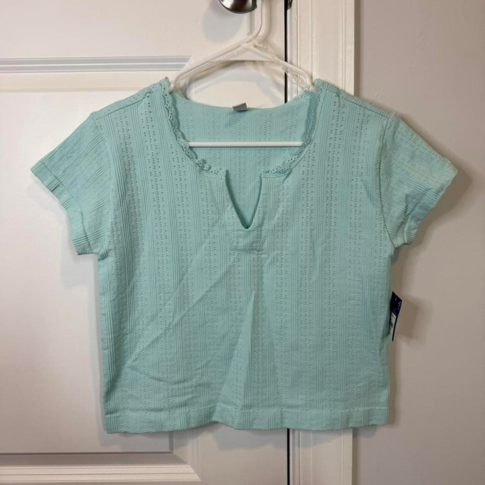 Arizona Jean Co V Neck Cropped Tee Top Lace‎ Trim Women's Size XL Light Blue